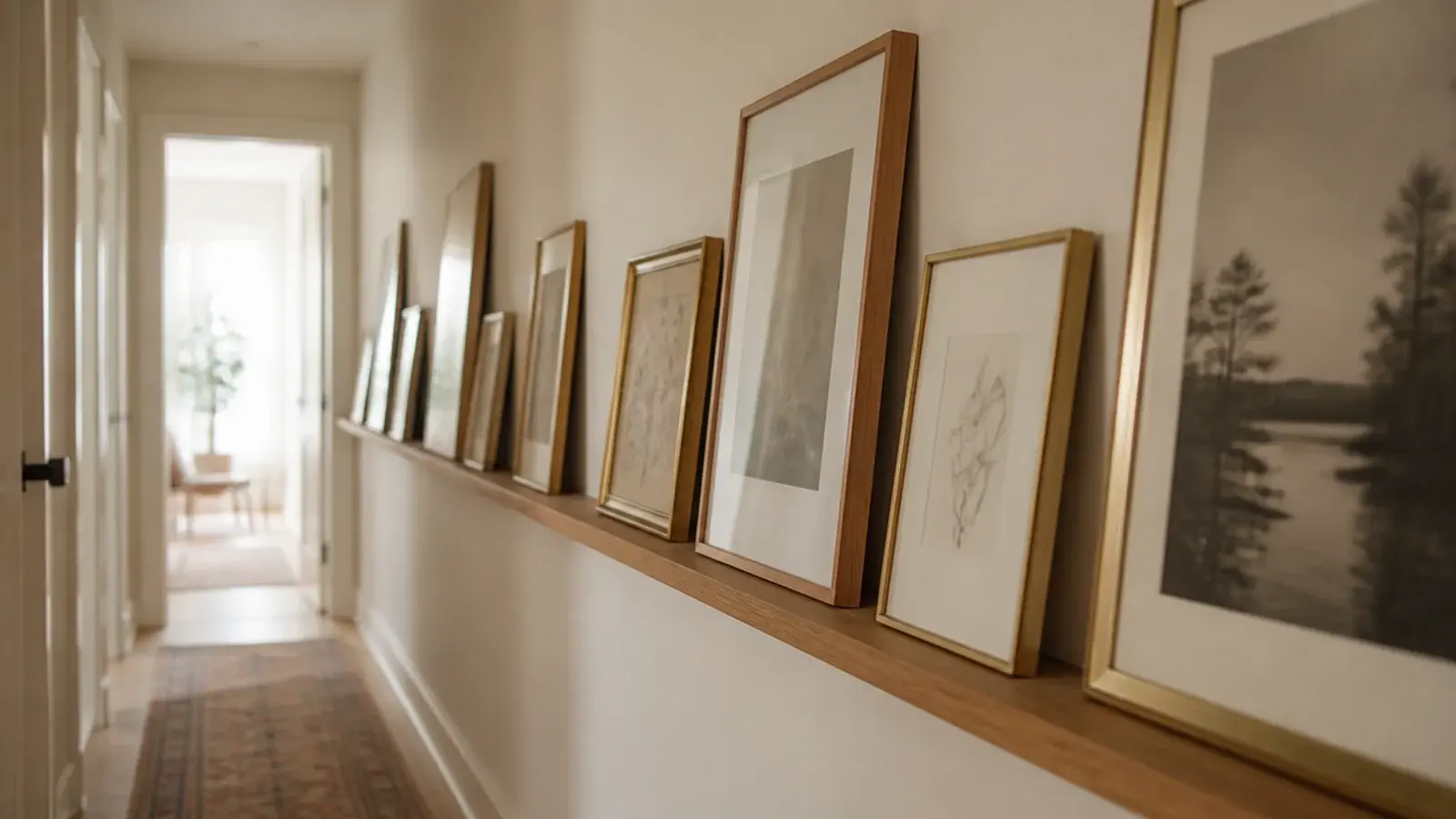 long shallow oak ledge running down a narrow hallway with leaning frames