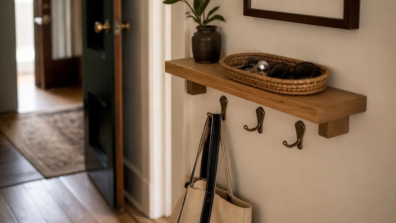 floating entry shelf with hooks below holding a tray keys and a tote