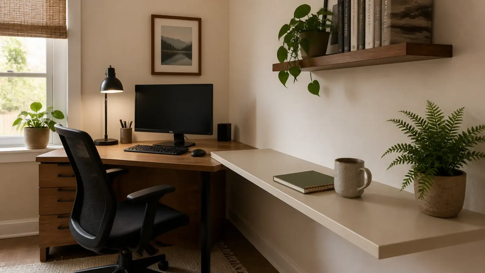 floating shelf at desk height extending a small home office work surface