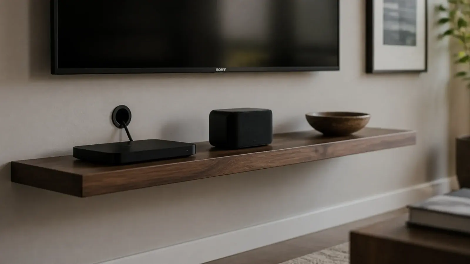 single dark wood shelf beneath a wall mounted television hiding a console