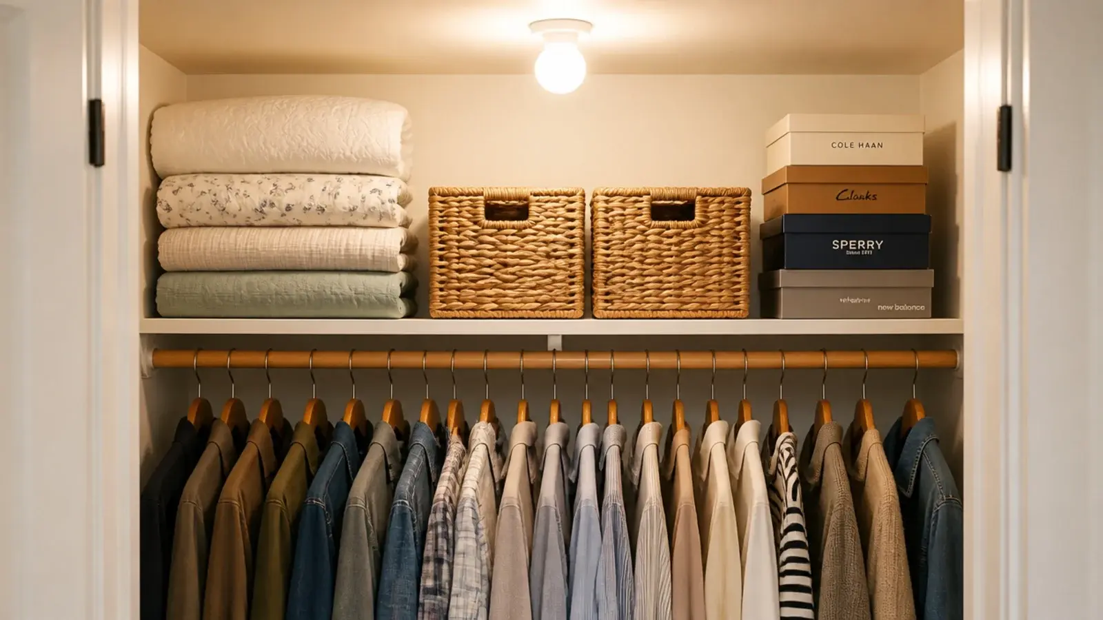 extra wooden shelf fitted above a closet rod holding folded linens