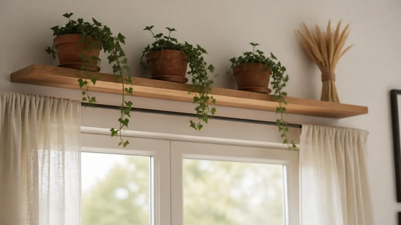 slim shelf mounted above a window frame holding trailing plants and pottery