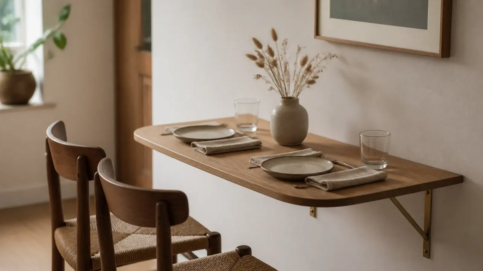 hinged wooden drop leaf shelf folded down as a small dining surface