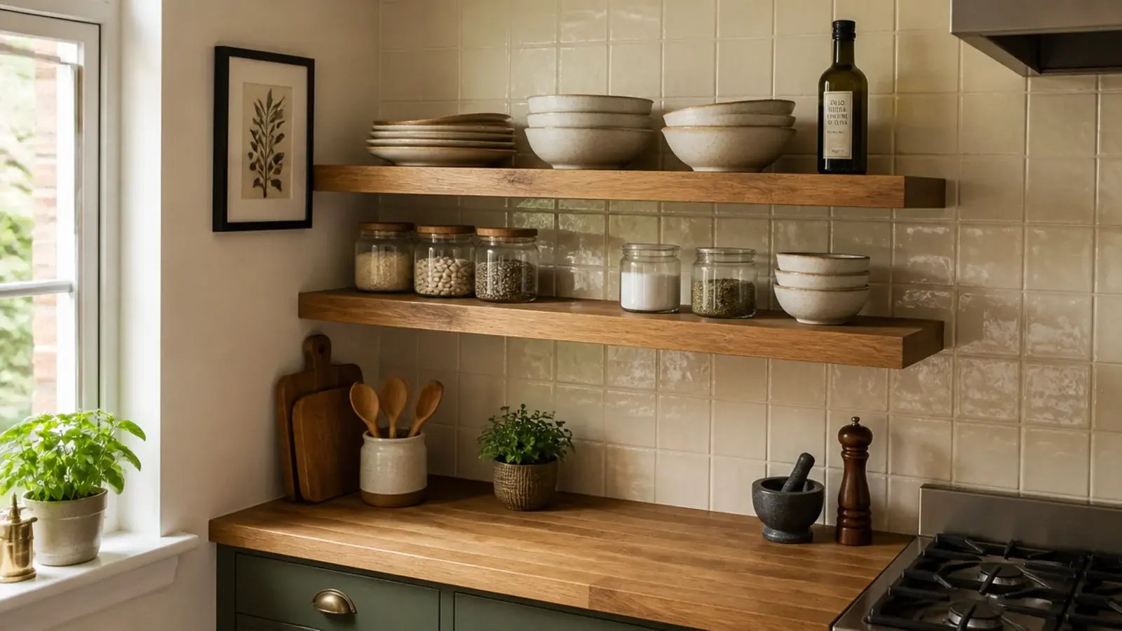 two open kitchen shelves replacing a removed upper cabinet above a counter