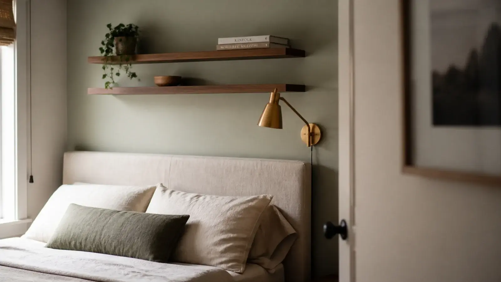 pair of floating shelves above a bed replacing bulky bedside nightstands