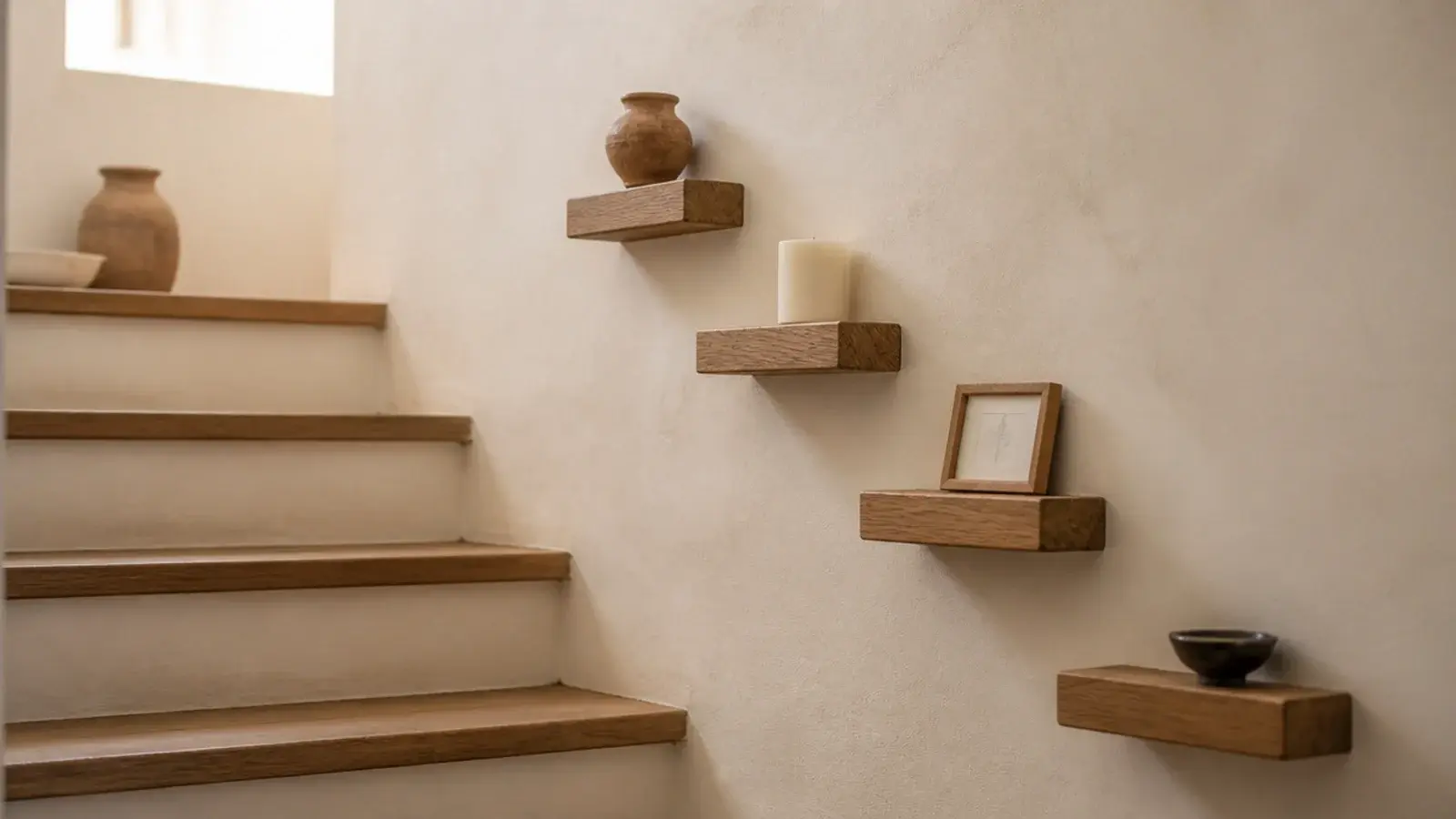 stepped wooden shelves climbing a stairwell wall following the stair line