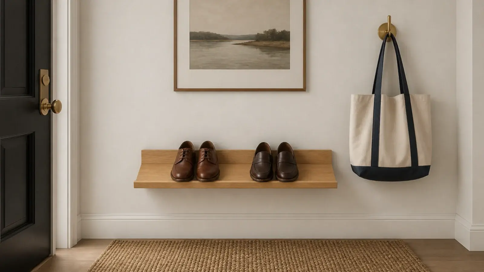 low angled wooden ledge by a front door holding two pairs of shoes