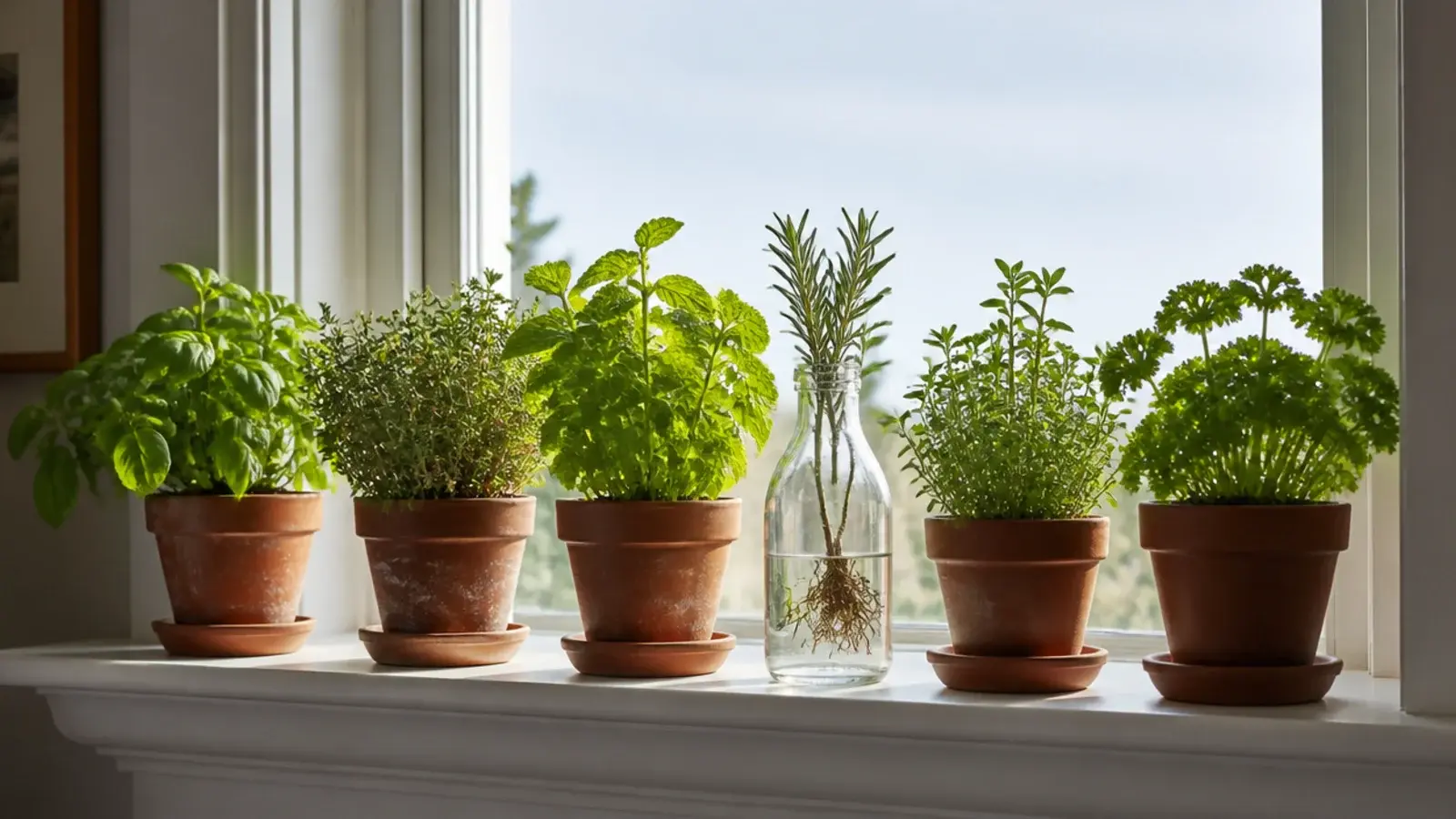 narrow plant ledge crossing a bright window holding small potted herbs