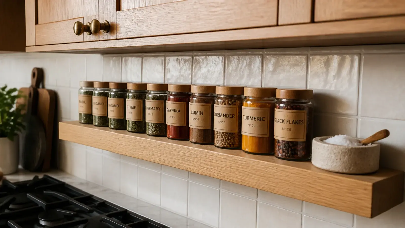 tiny wooden ledge fitted under kitchen wall cabinets holding spice jars