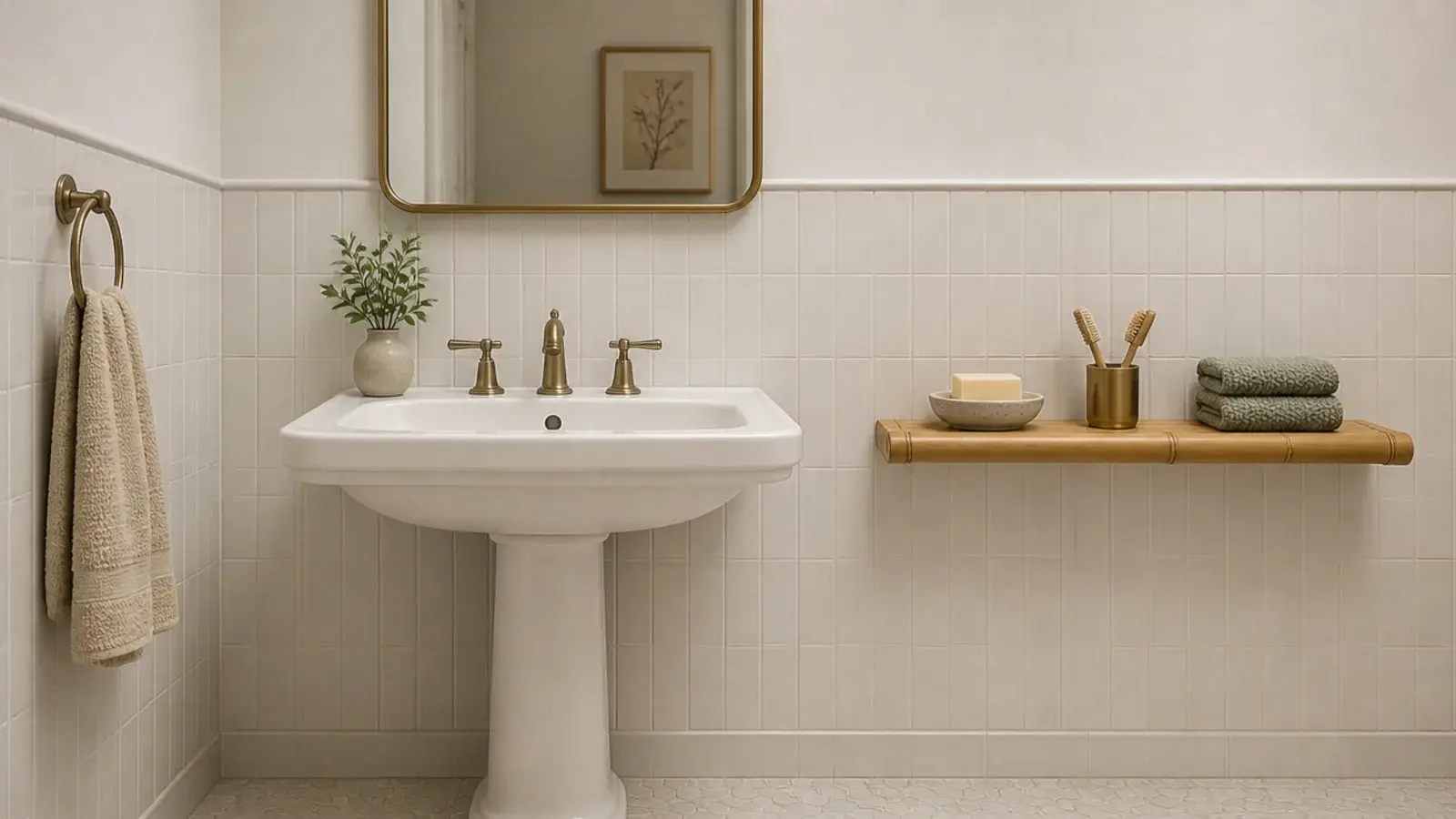 sealed wood ledge beside a pedestal sink holding soap and folded cloths