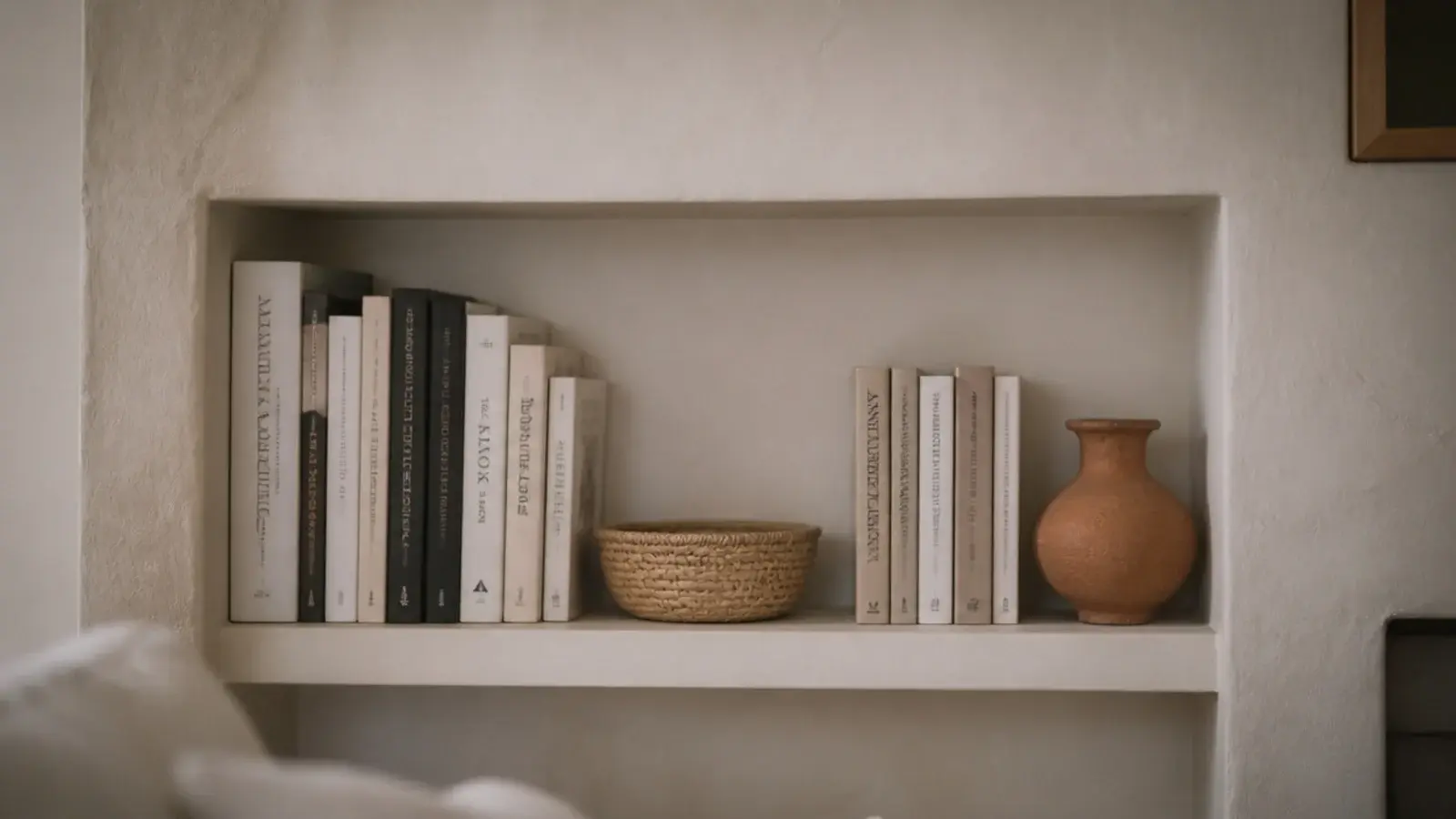shelf spanning an alcove wall to wall with books and baskets