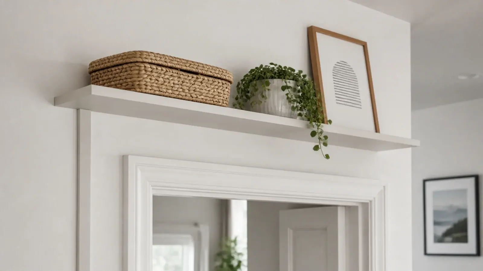 wooden shelf concealing a router and cables behind a woven basket