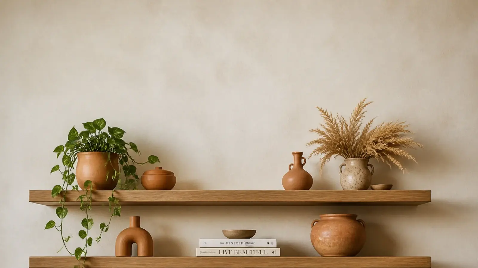 vertical small space wall of slim floating shelves styled with pottery