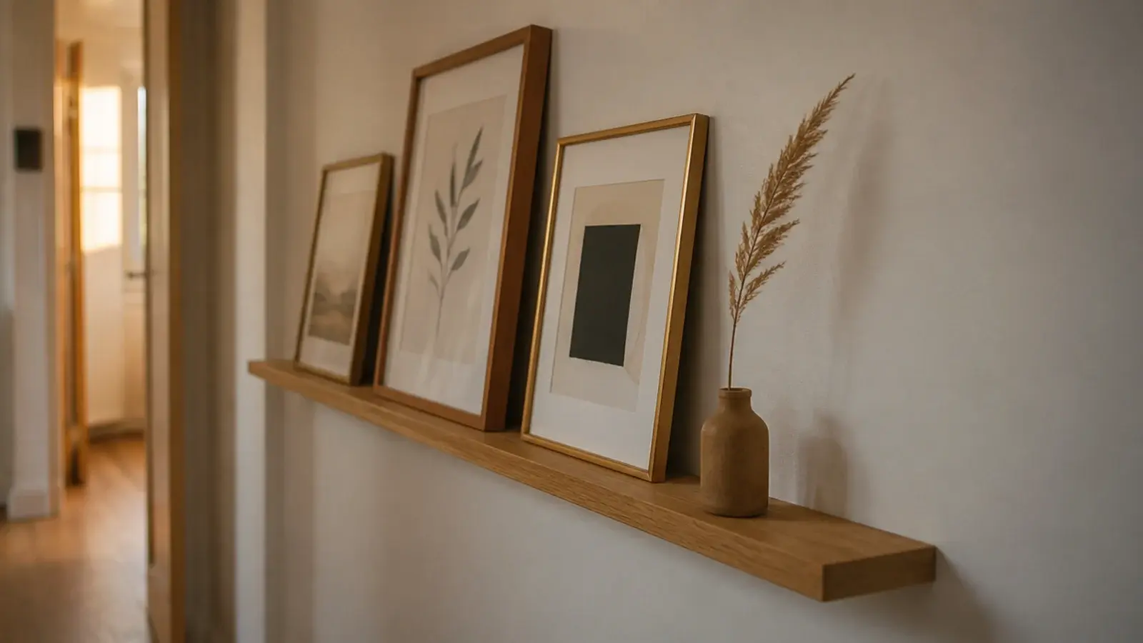 narrow no drill wood ledge holding leaning art prints in a rental hallway