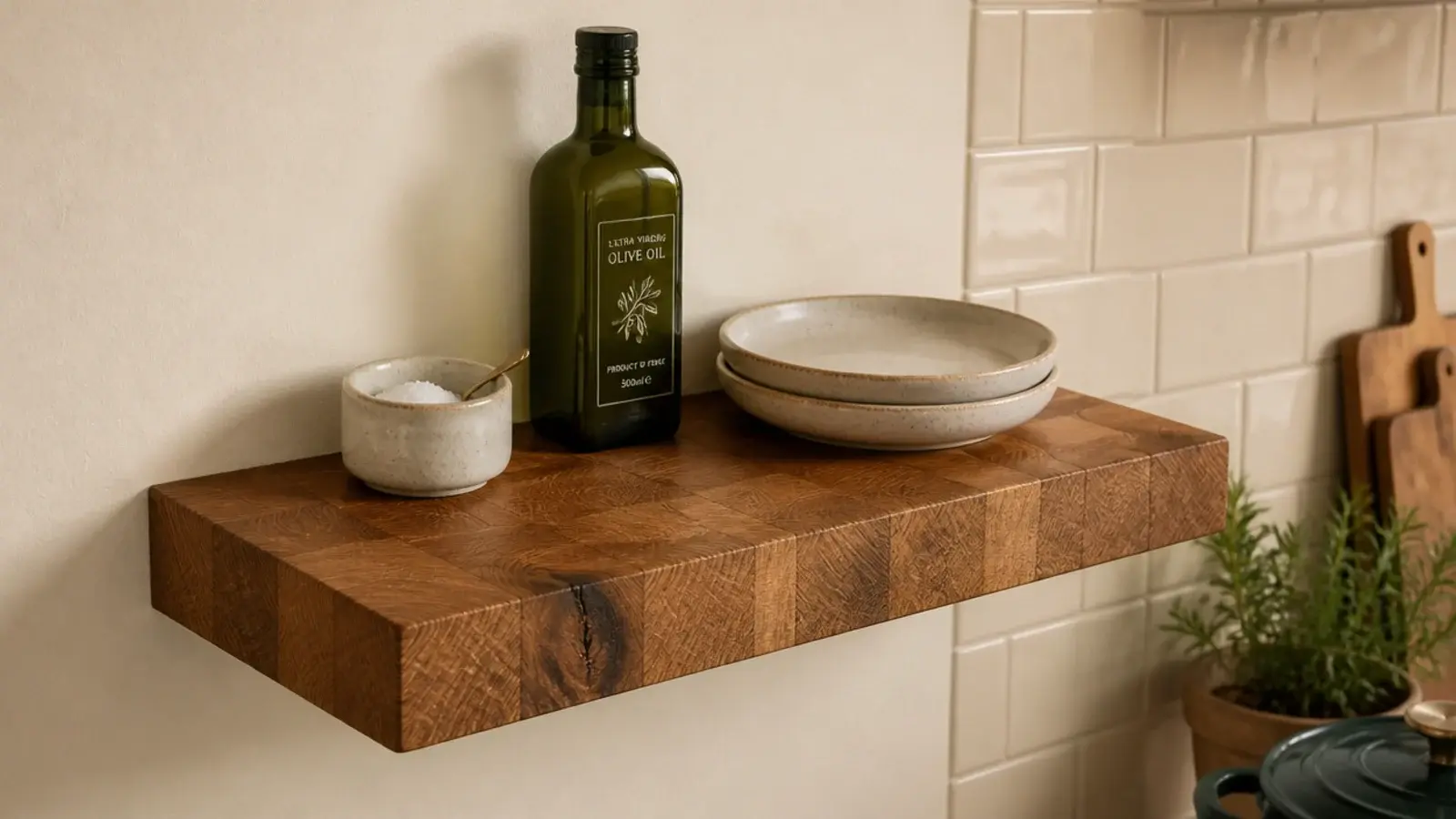 thick butcher block offcut used as a chunky wood floating shelf