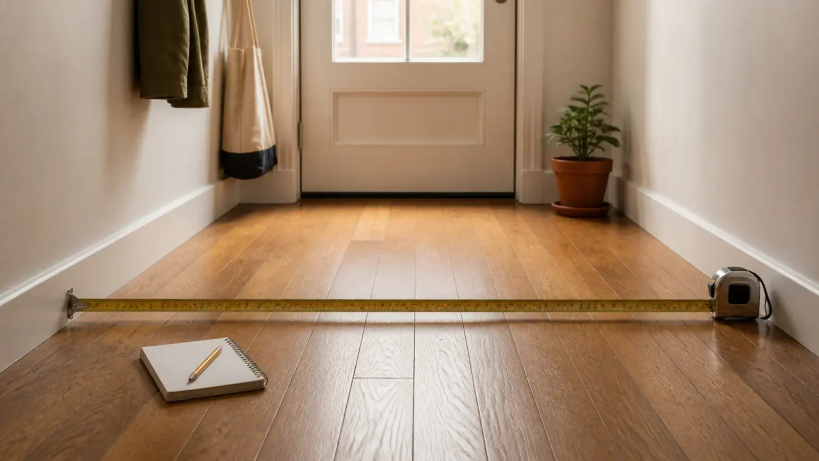 tape measure across a narrow apartment entry walkway beside the door