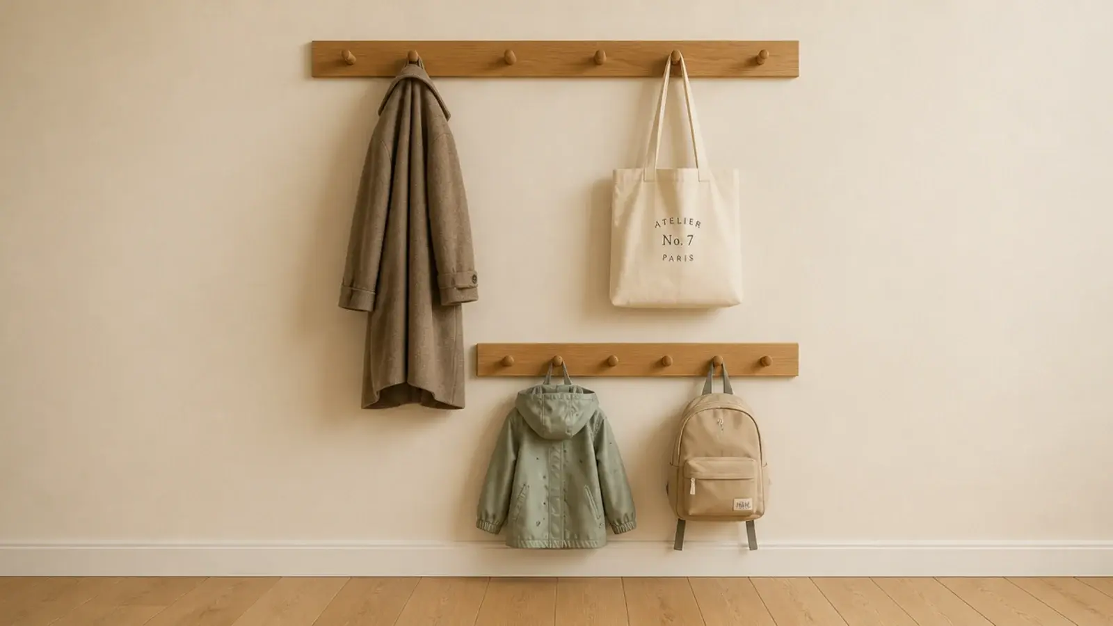 two rows of entryway hooks at adult and child height on a wall