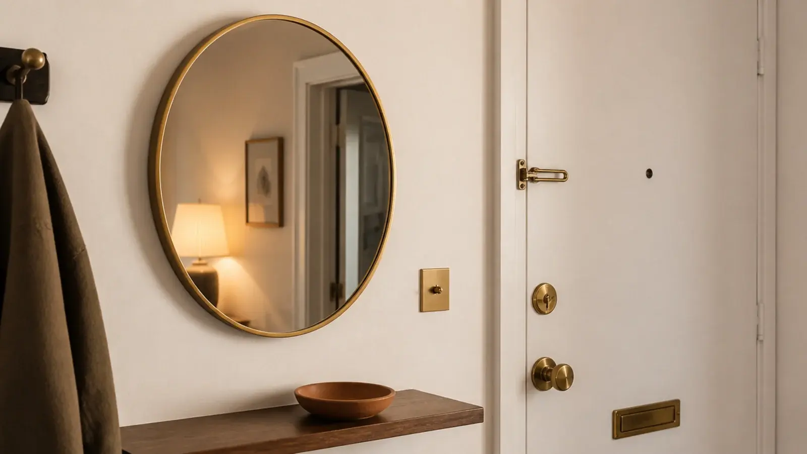 round brass framed mirror on an apartment entry wall beside the door