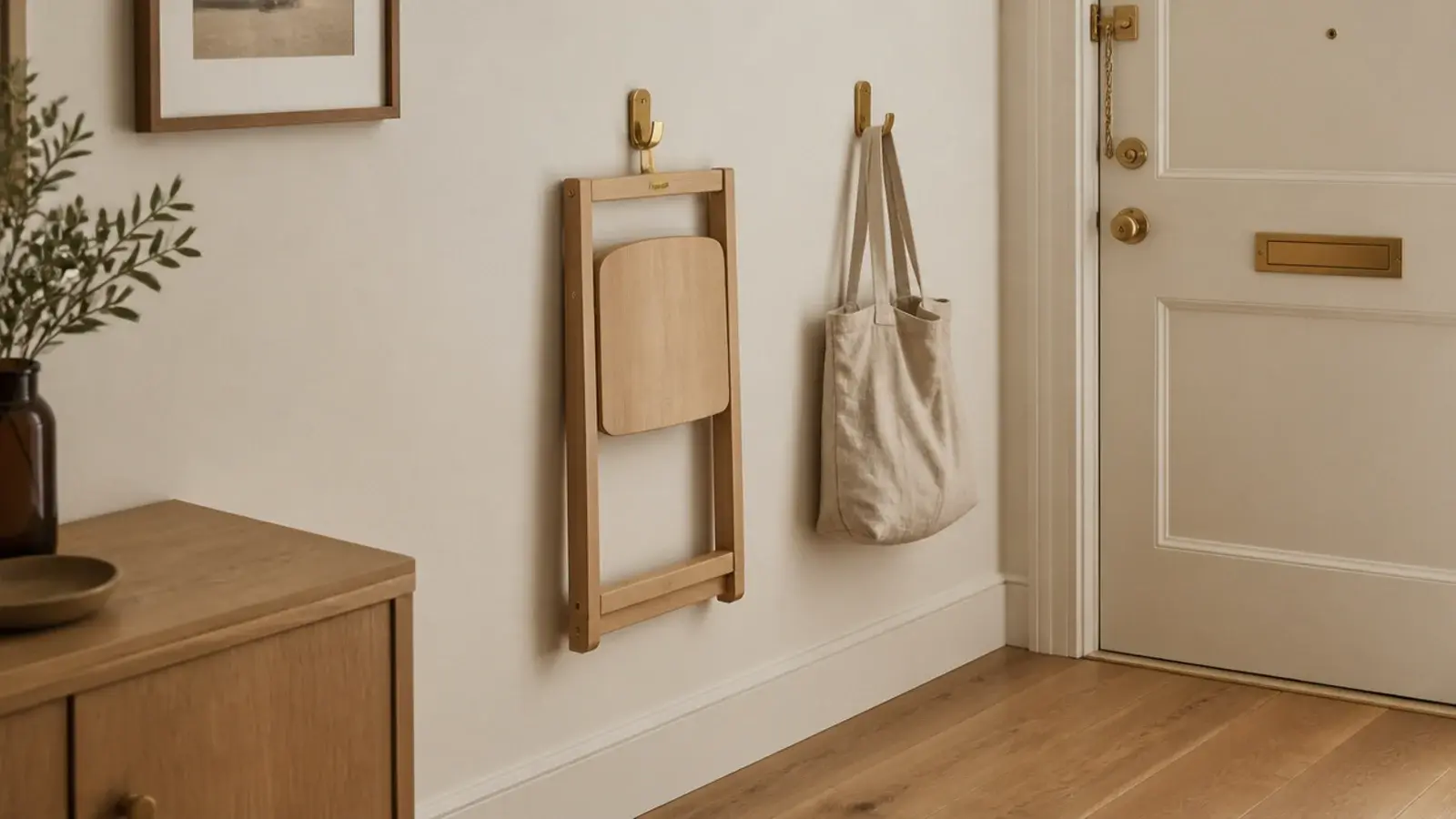 wooden folding stool hanging on an apartment entryway wall hook
