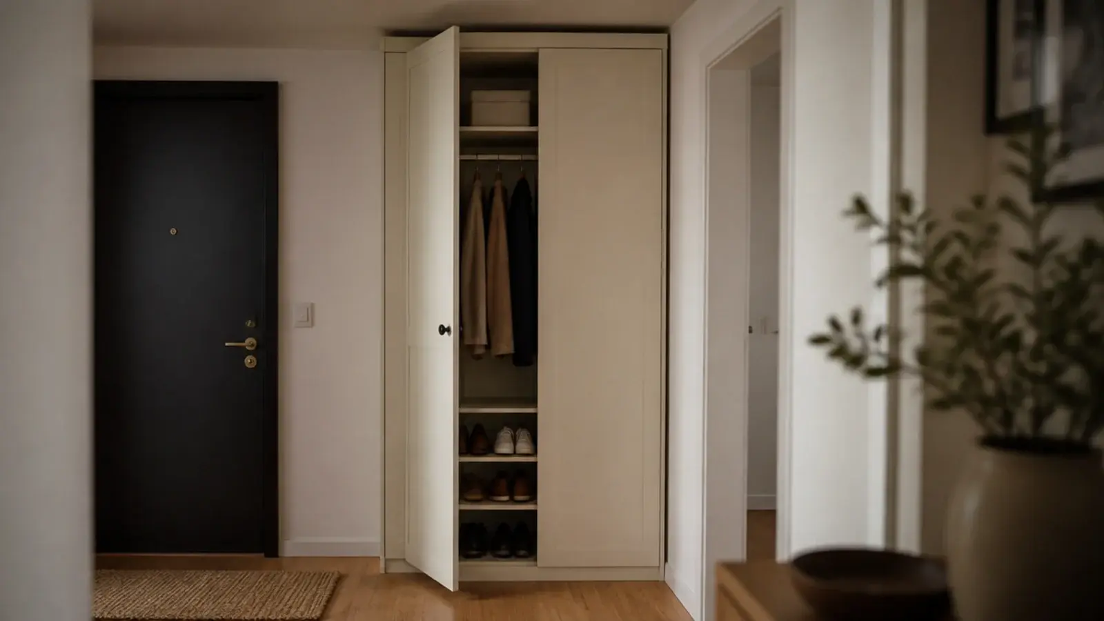 tall narrow cream cabinet holding coats and shoes in an apartment entry