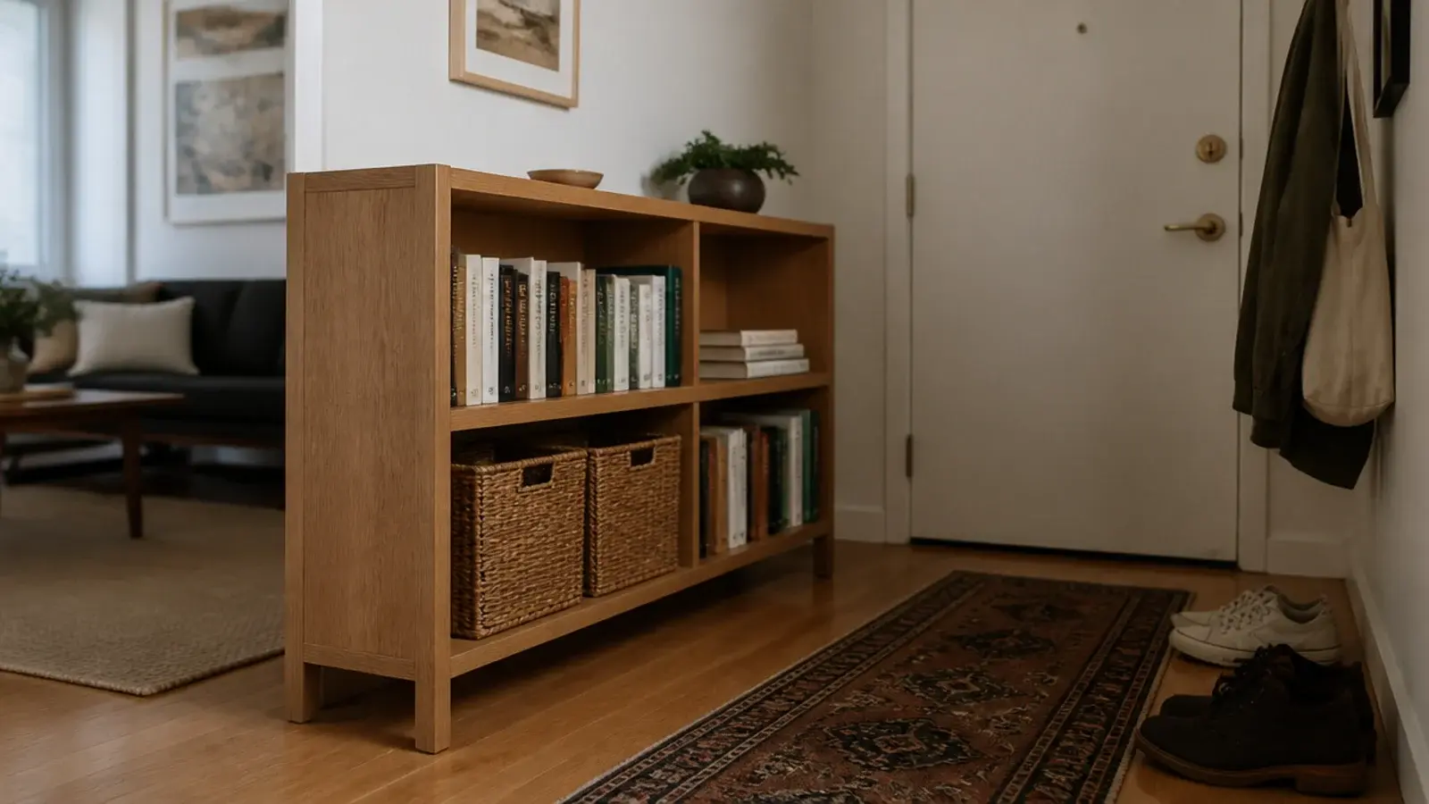 low bookcase placed sideways to divide an apartment entry from the room
