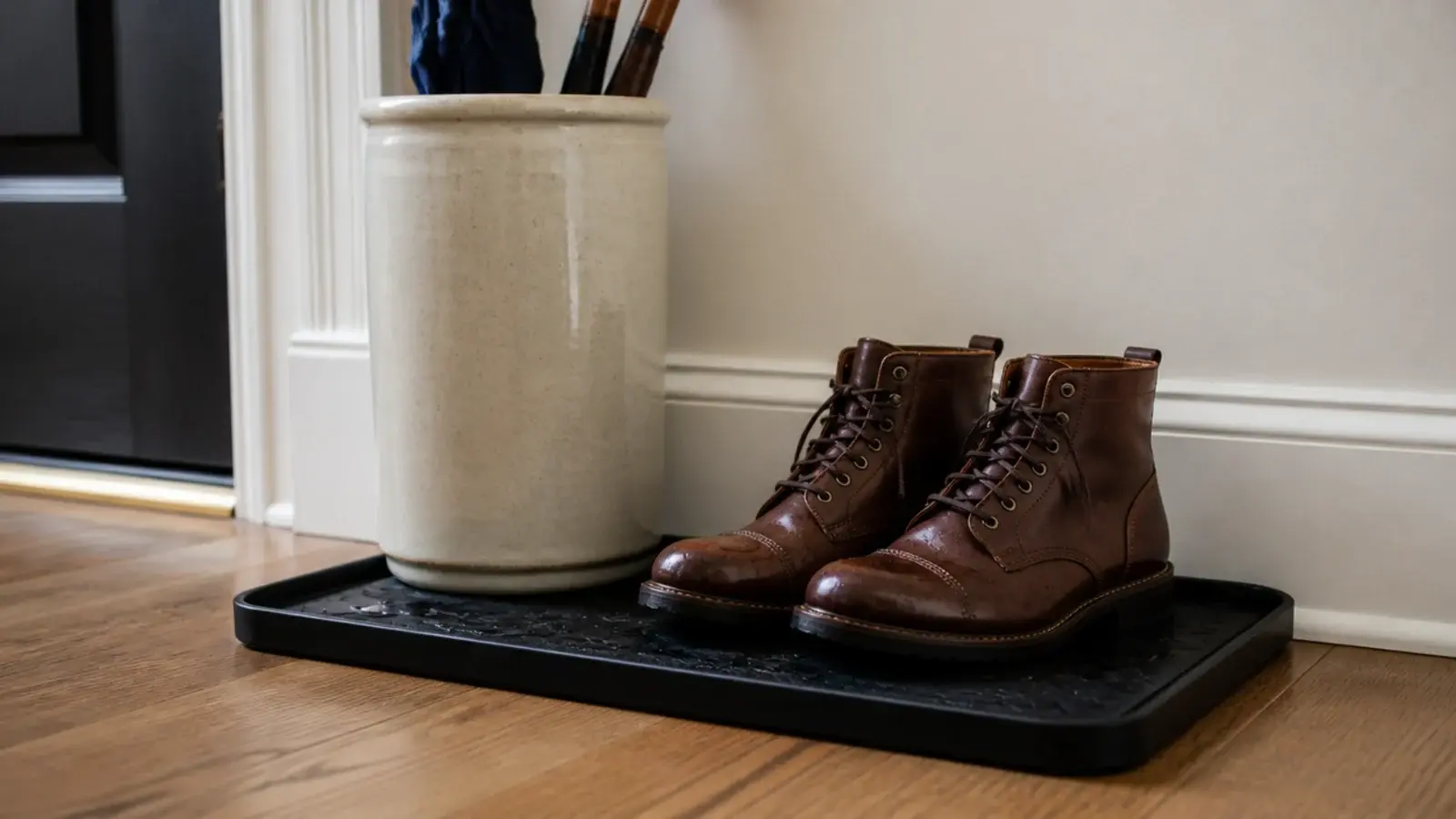 boot tray and stoneware umbrella stand beside an apartment entry door