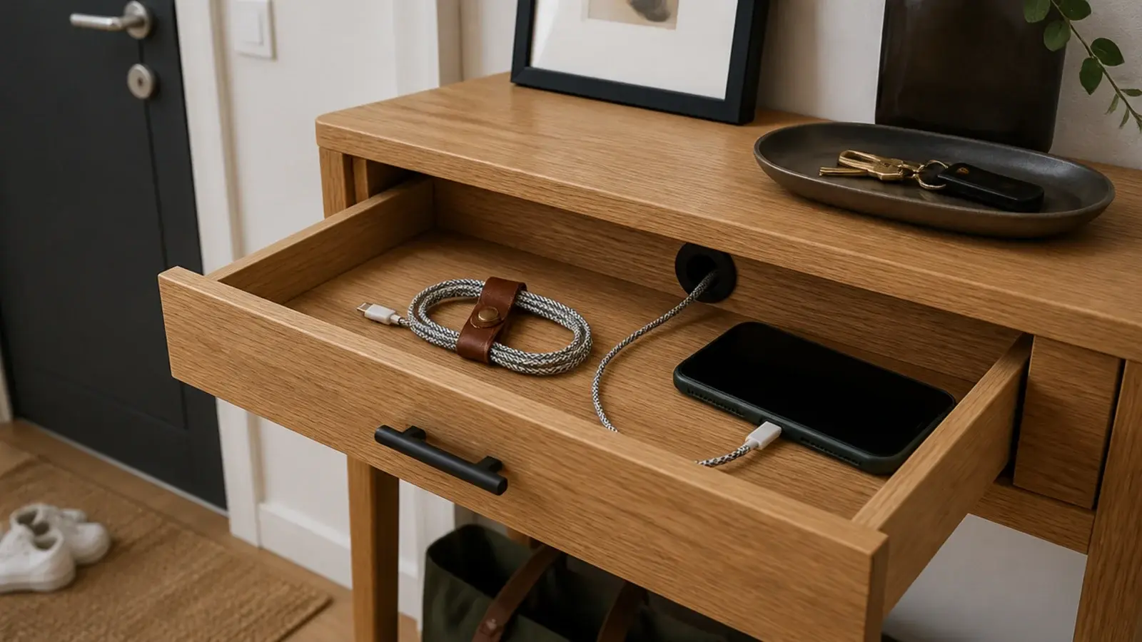 small entry drawer open showing charging cables tucked out of sight