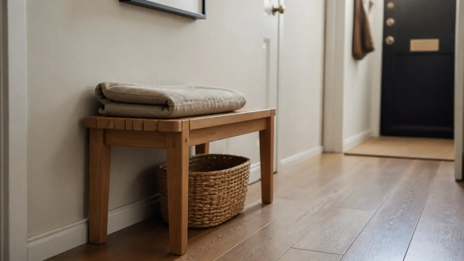 short slatted bench thirty inches long in a tight apartment entry