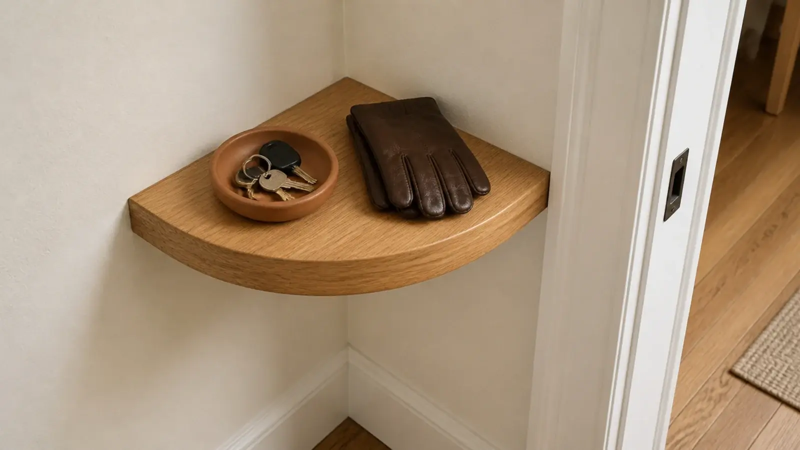 small corner shelf holding keys beside an apartment entry doorway