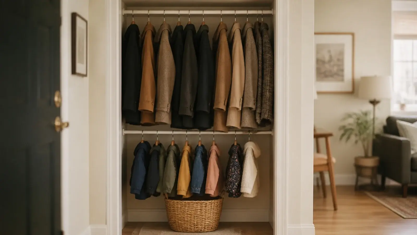 coat closet fitted with a second lower rail for children coats