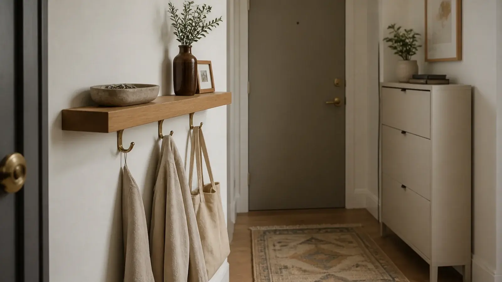 apartment entryway with a wall mounted console runner and hooks by the door