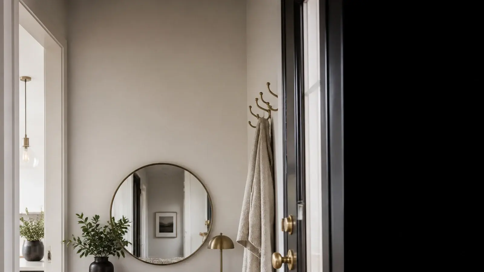vertical apartment entryway with floating console hooks runner and mirror