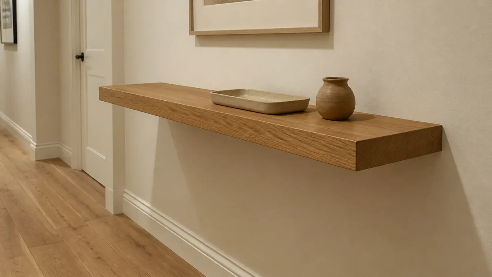 floating oak console shelf mounted in a narrow entryway above clear floor