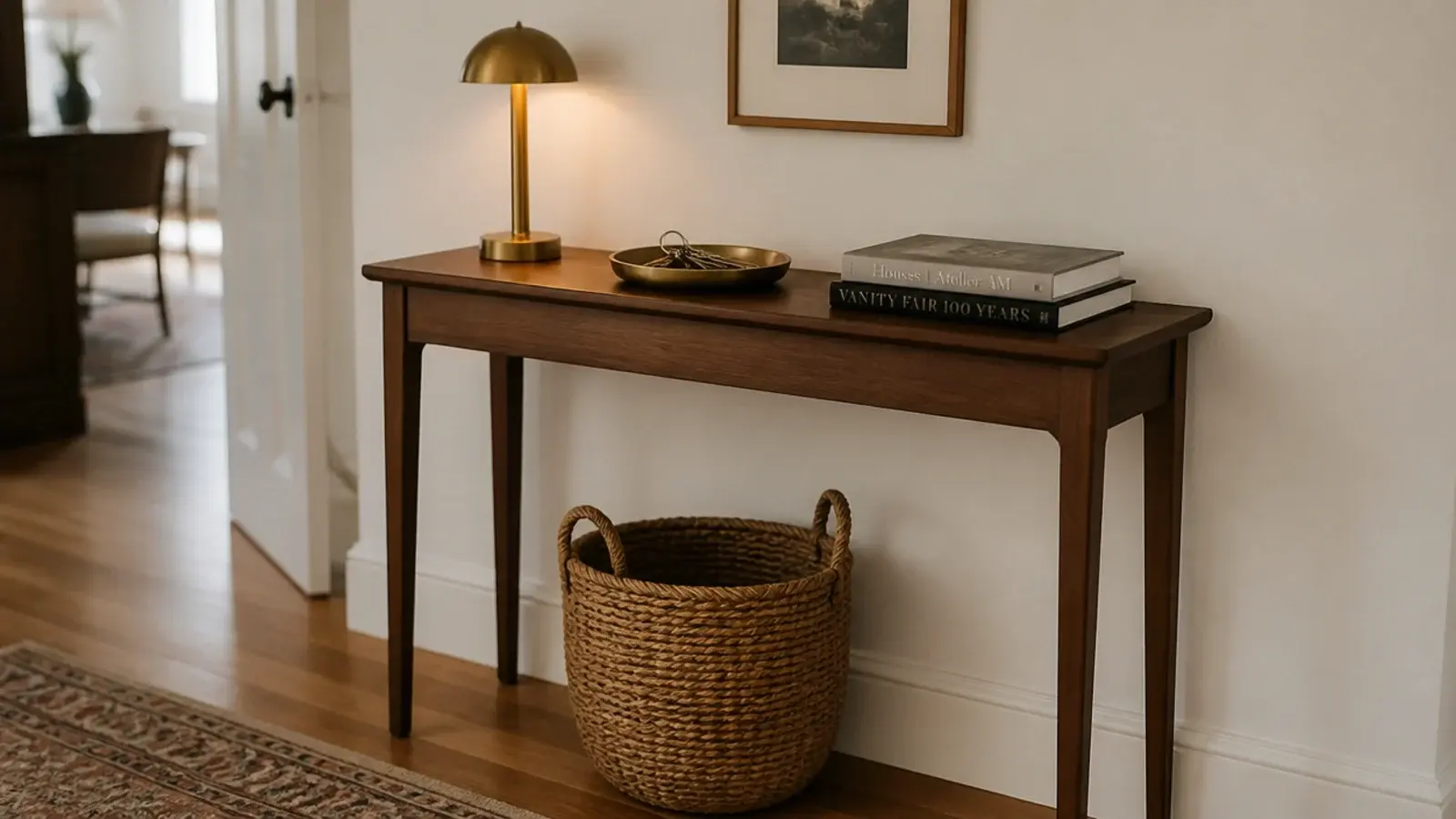 slim four leg console table twelve inches deep in a warm entryway
