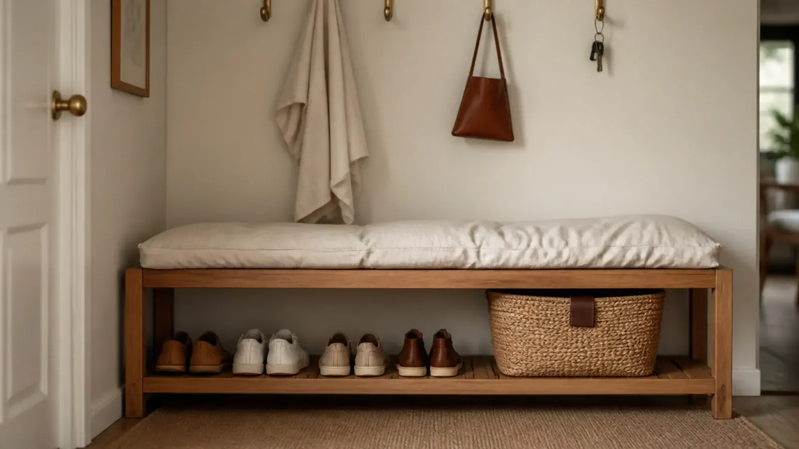 slatted oak entryway bench with shoes lined on the lower shelf