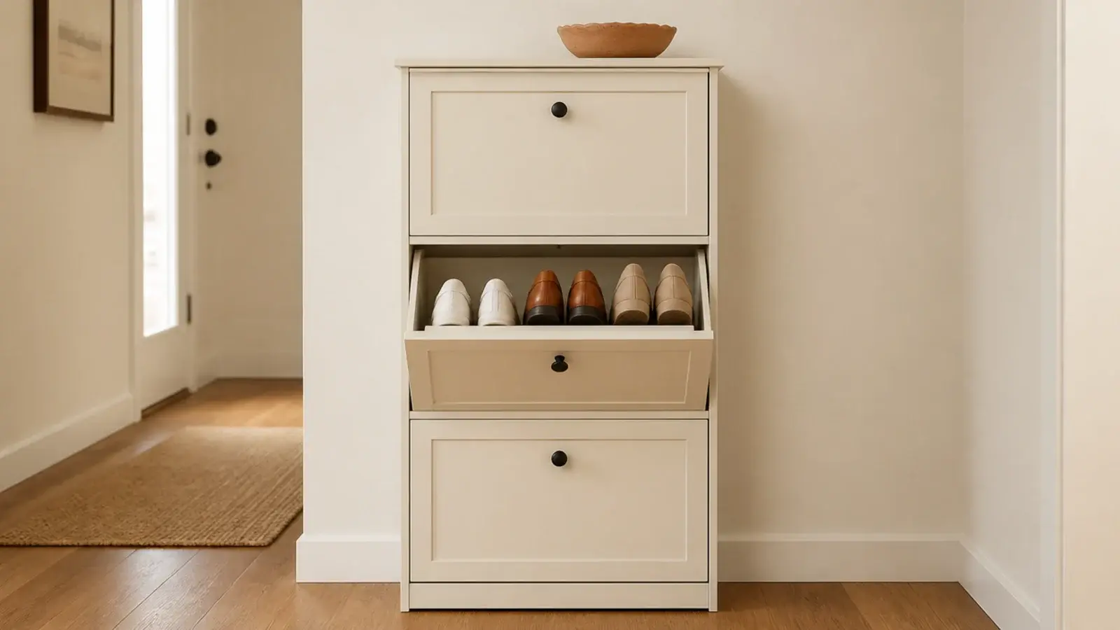 slim tilt out shoe cabinet nine inches deep against an entry wall
