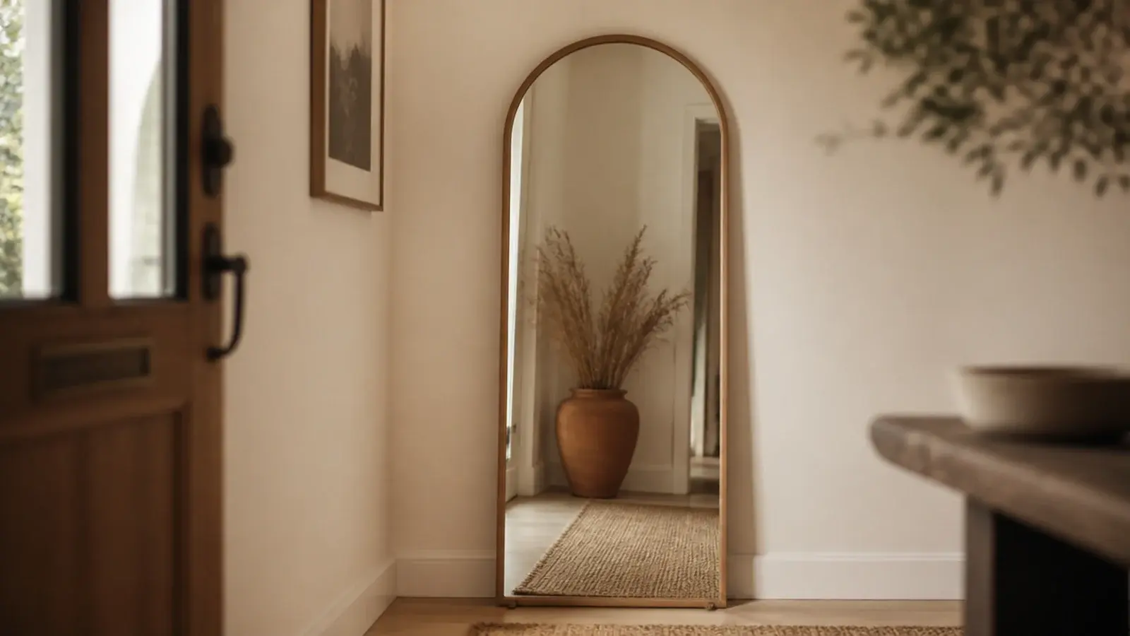tall arched mirror leaning against an entryway wall beside a console