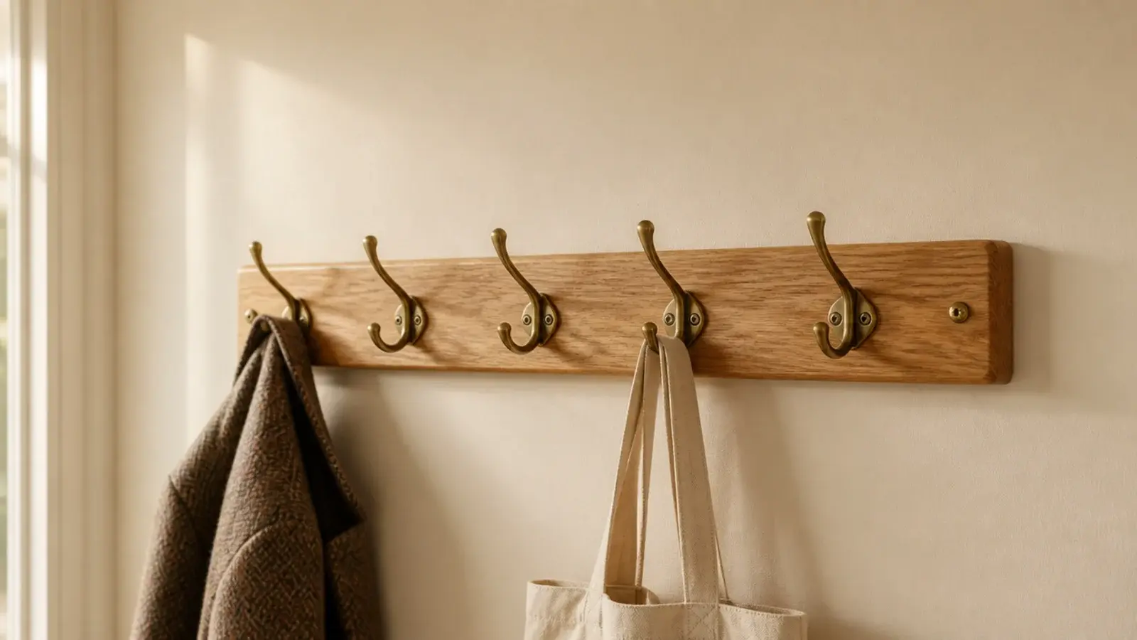 solid oak coat rail with brass hooks holding coats in an entryway