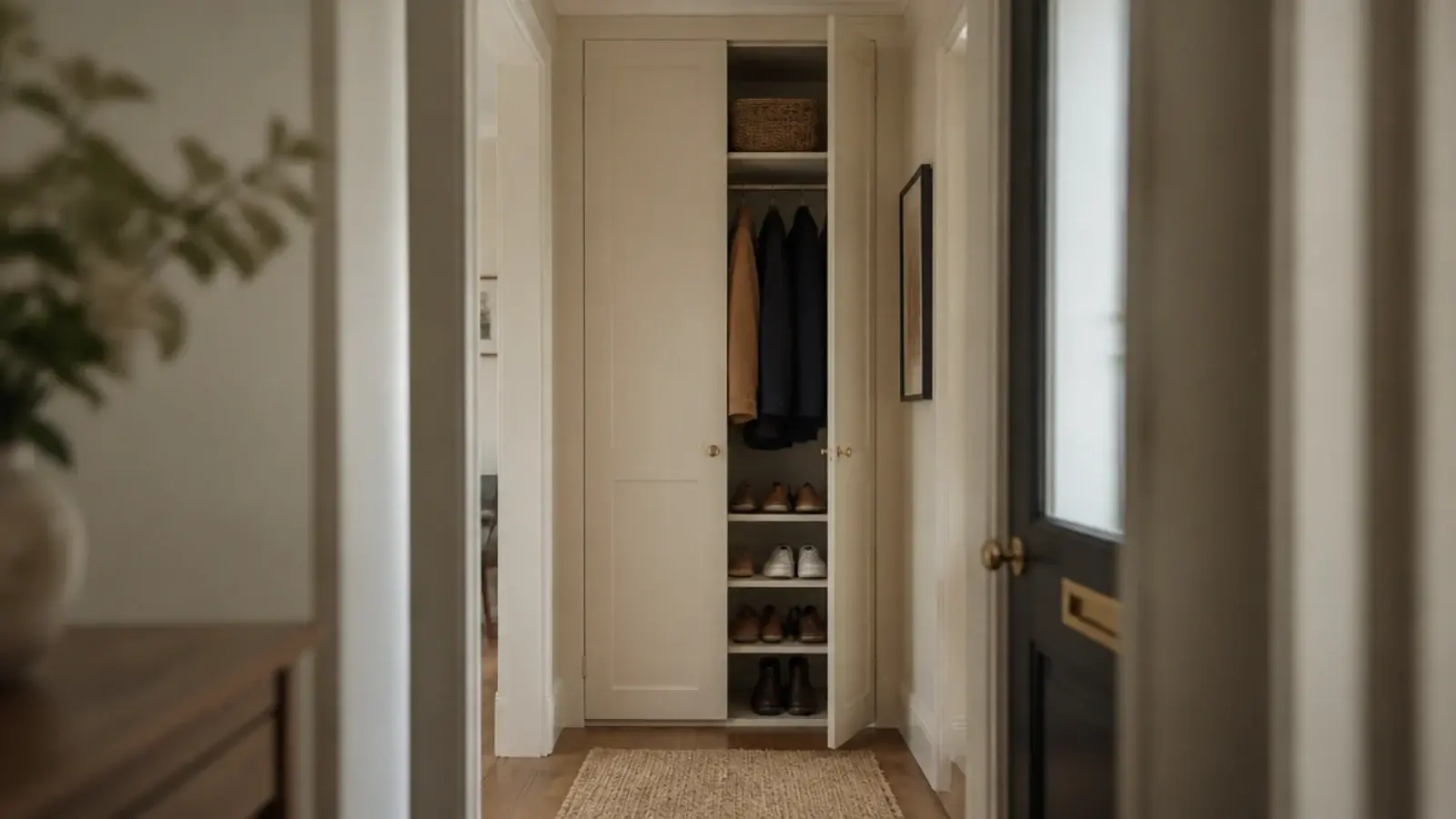 tall narrow cream cabinet holding coats and shoes in a small entry