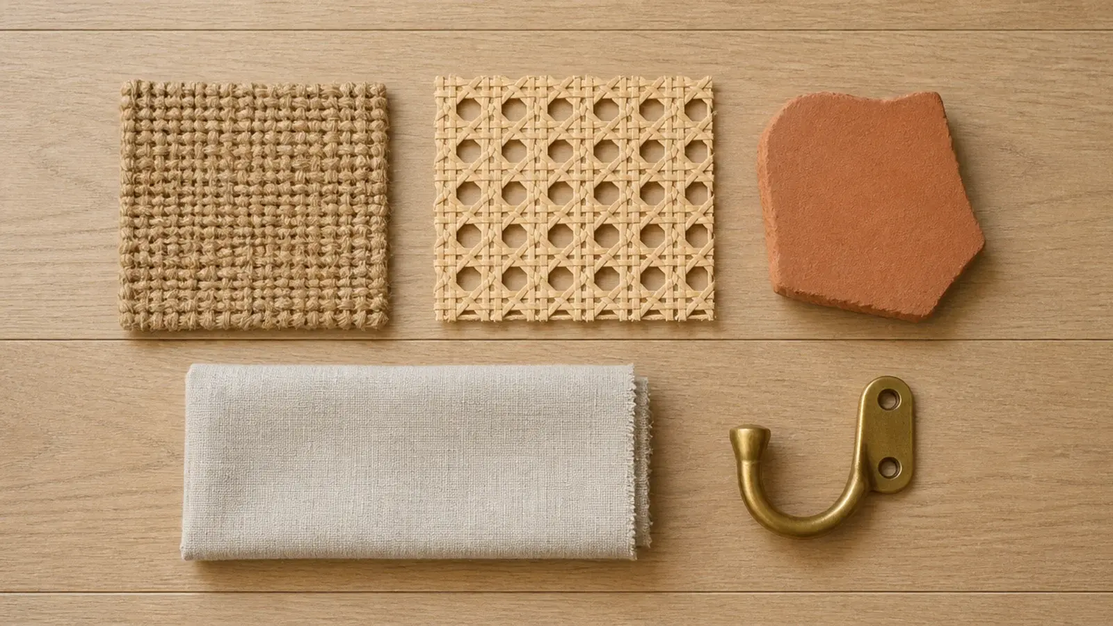 natural material samples for a boho entryway laid out on oak boards