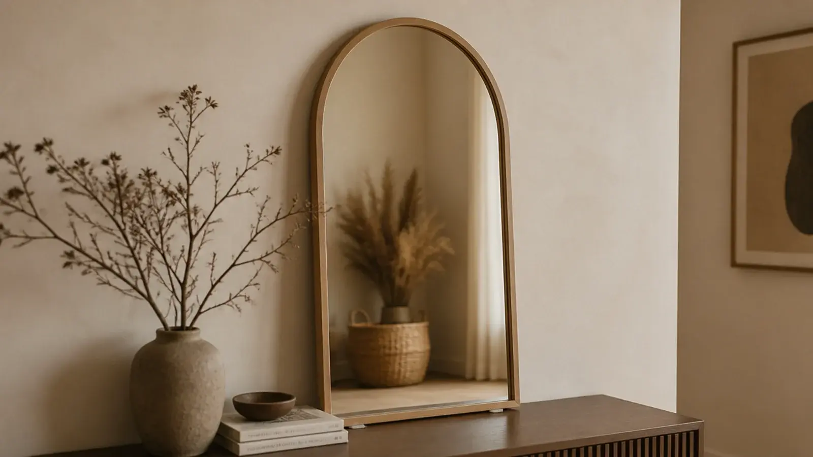 tall arched mirror leaning against a boho entryway wall above a console