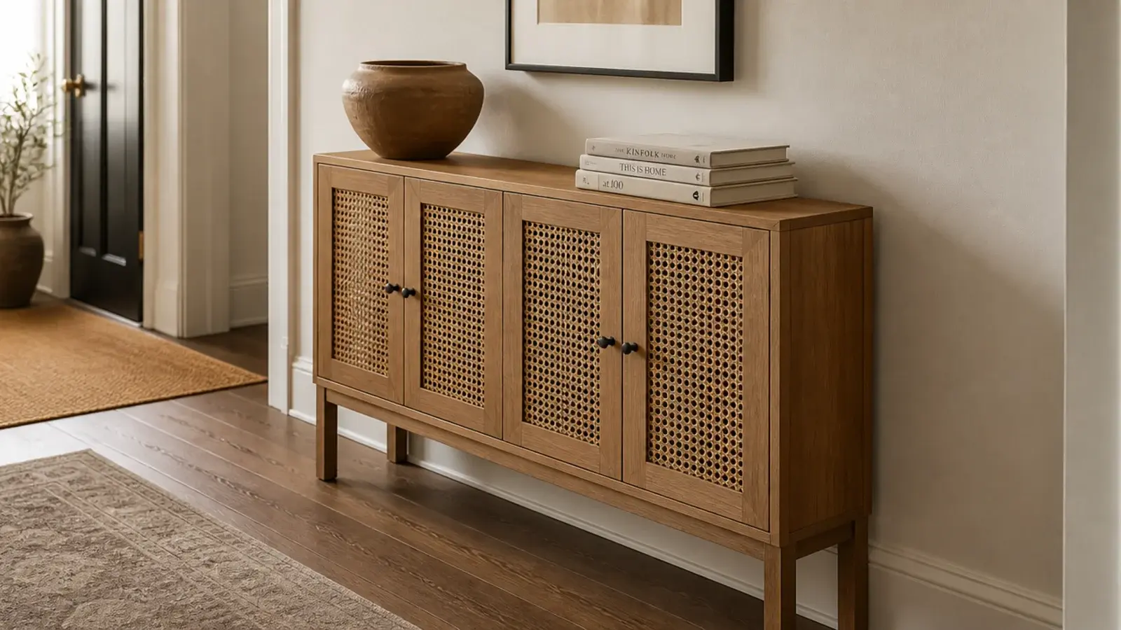 cane fronted oak console table in a narrow boho entryway hallway
