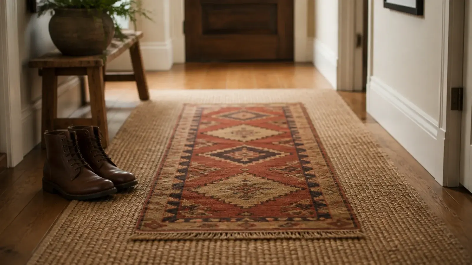 vintage kilim runner layered over a wider jute rug in an entry
