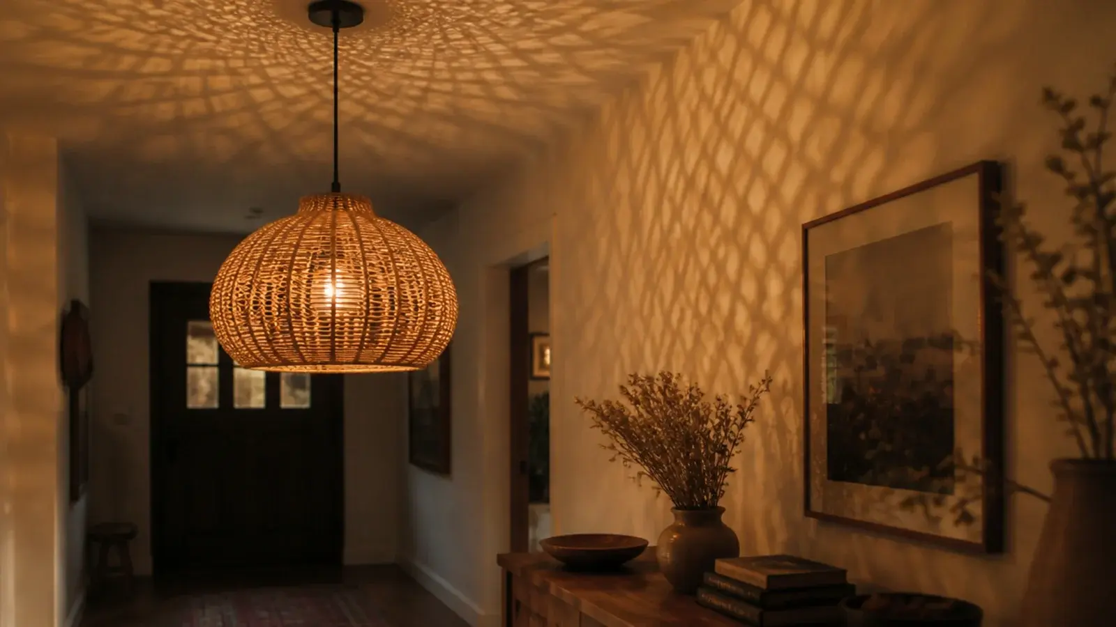 woven rattan pendant shade glowing warmly above a boho entryway