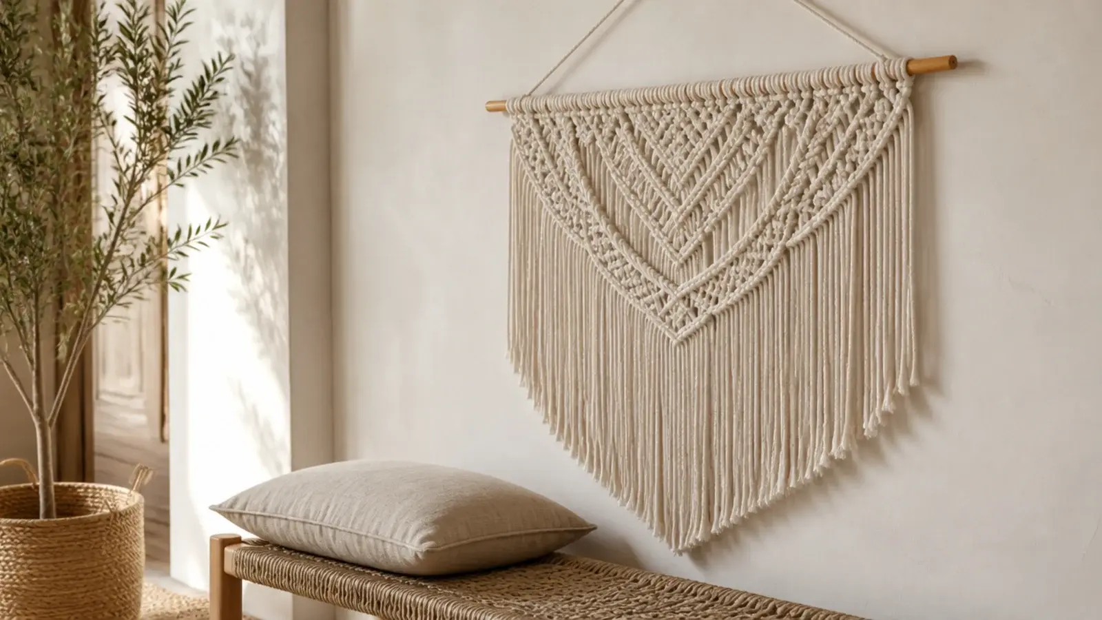 cream macrame wall hanging above a woven bench in an entryway