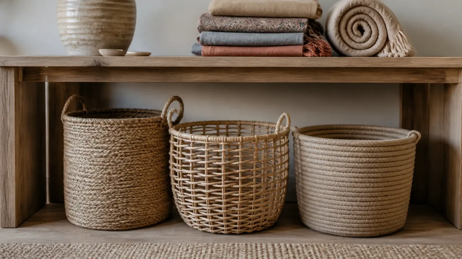 three different woven baskets grouped under an entryway console table