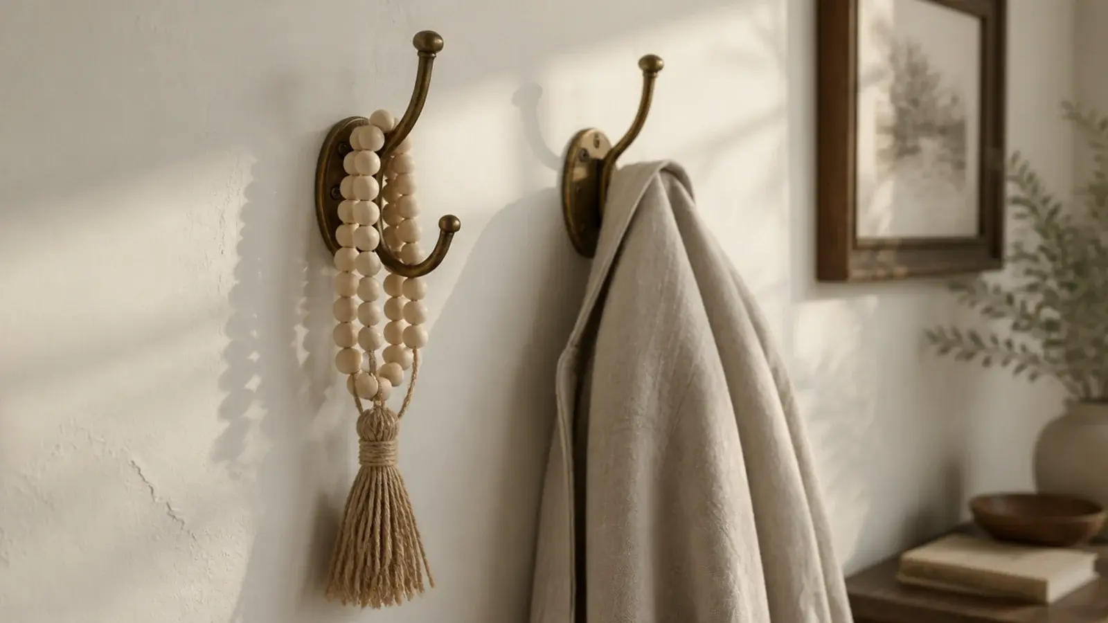 wooden bead garland with a tassel hanging from an entryway hook