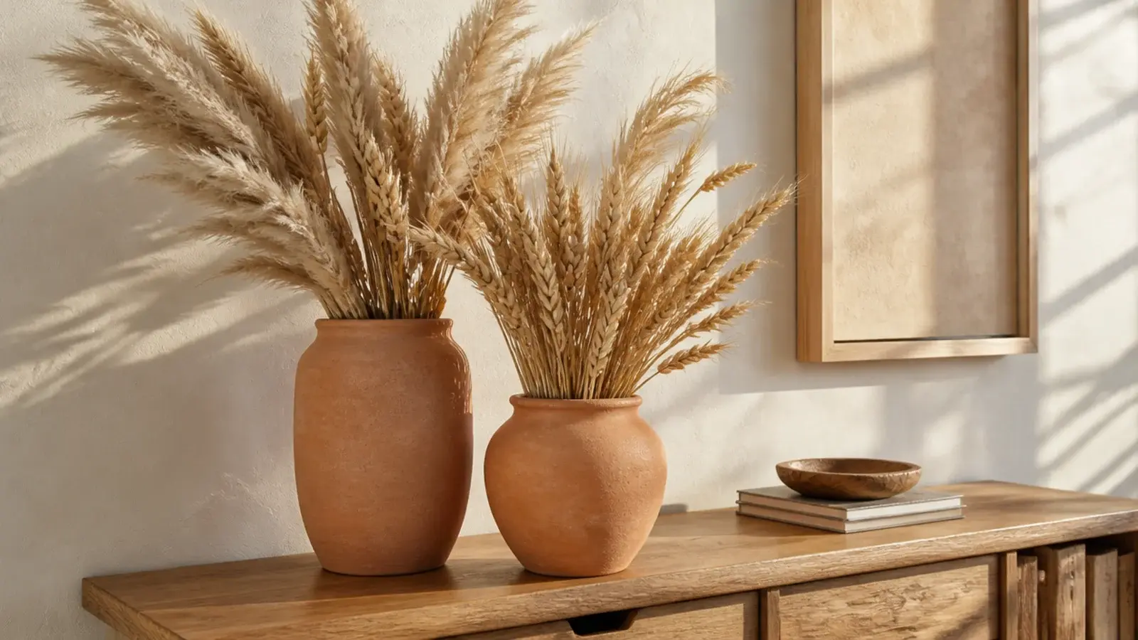 unglazed terracotta pots holding dried grasses on a boho entry table