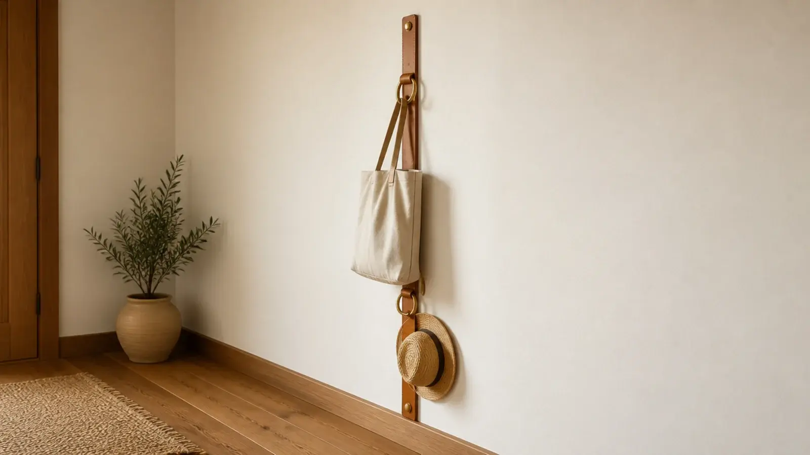 leather strap hook rail with brass rings on a cream entryway wall