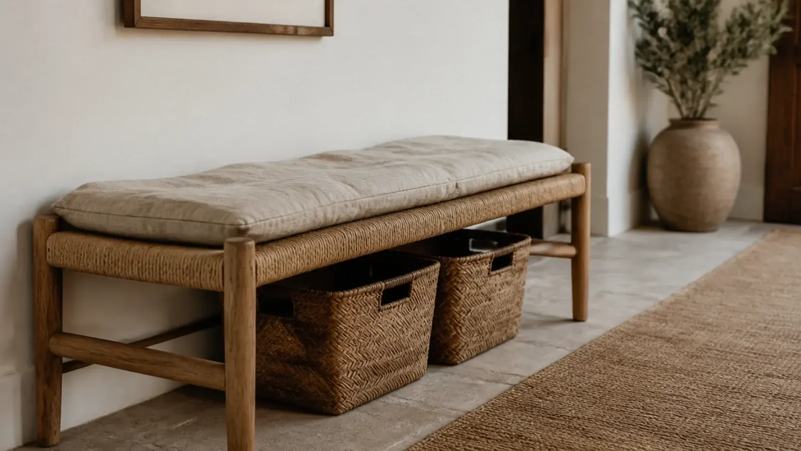 rattan and oak entryway bench topped with a natural linen cushion